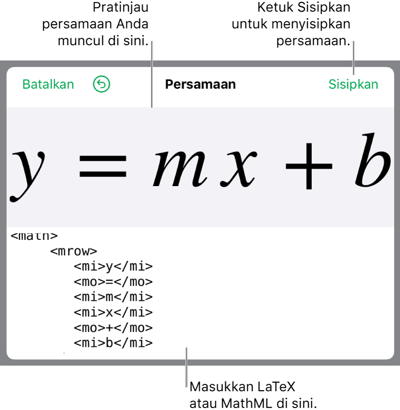 Kode MathML untuk persamaan untuk kemiringan garis dan pratinjau formula di atas.