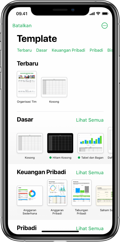 Pemilih template, menampilkan baris kategori di sepanjang bagian atas yang dapat Anda ketuk untuk memfilter pilihan. Di bawah adalah gambar mini template yang dirancang sebelumnya yang diatur menurut kategori, dimulai dengan Terbaru di bagian atas dan diikuti oleh Dasar dan Keuangan Pribadi. Tombol Lihat Semua muncul di atas dan di sebelah kanan setiap baris kategori. Tombol Bahasa dan Wilayah berada di pojok kanan atas.