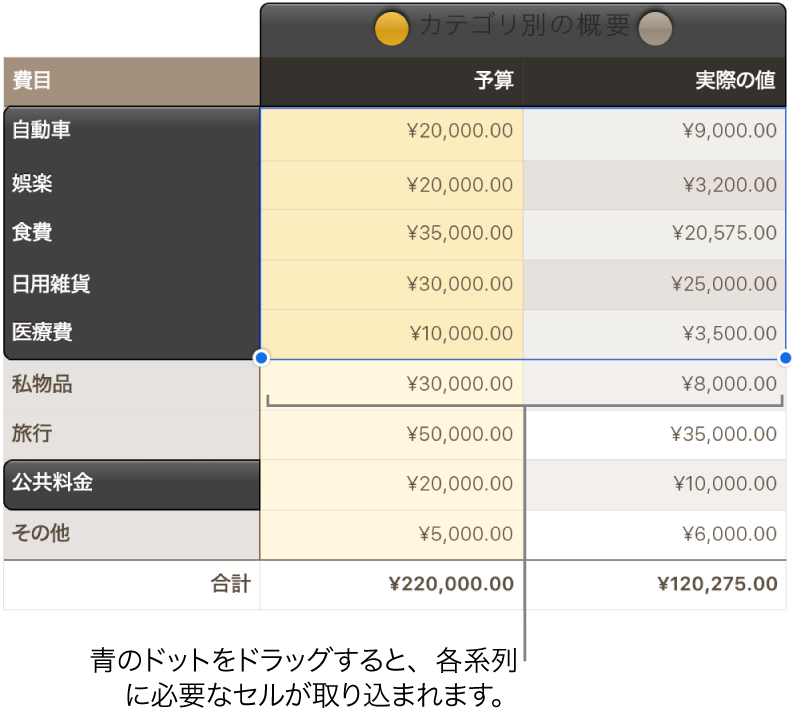 系列選択ハンドルが表示された表セル。