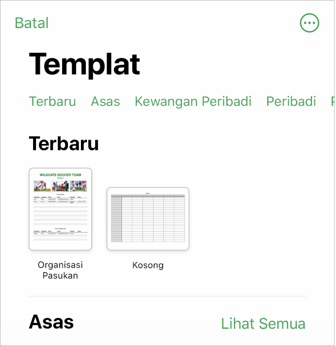 Pemilih templat menunjukkan baris kategori merentas bahagian atas yang anda boleh ketik untuk menapis pilihan. Di bawah ialah imej kecil templat yang diprareka bentuk disusun dalam baris mengikut kategori, bermula dengan Terbaru di bahagian atas dan diikuti oleh Asas. Butang Lihat Semua muncul di atas dan di sebelah kanan setiap baris kategori. Butang Bahasa dan Rantau berada di penjuru kanan atas.