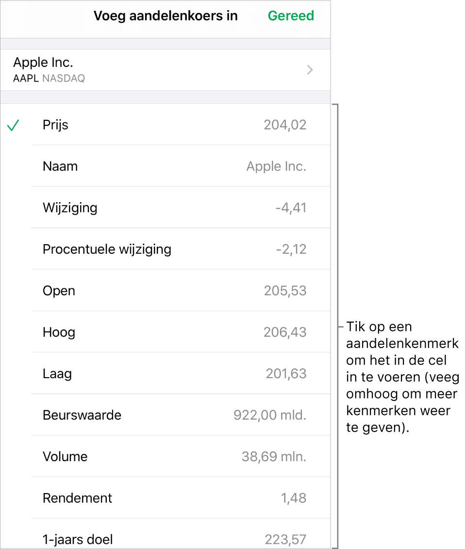 Het vensterpaneel voor de aandelenkoers, met bovenaan de naam van het aandeel, en daaronder de kenmerken die je voor het aandeel kunt selecteren, zoals prijs, naam, wijziging, procentuele wijziging en open.