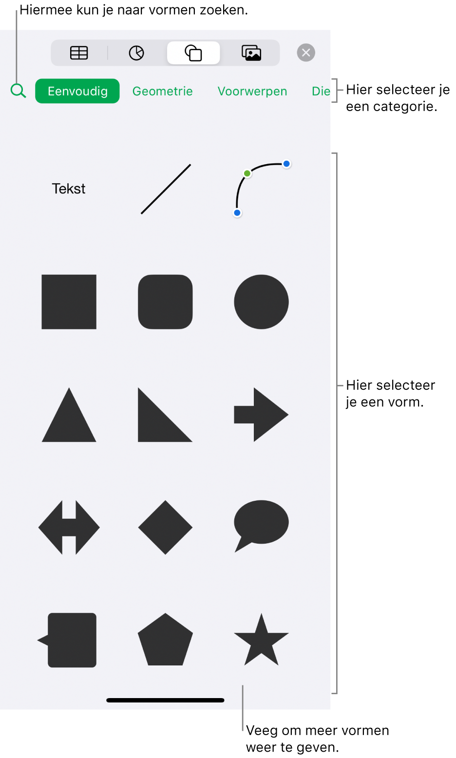 De vormenbibliotheek met bovenaan categorieën en onderaan vormen. Je kunt het zoekveld bovenaan gebruiken om vormen te zoeken. Veeg om meer opties weer te geven.