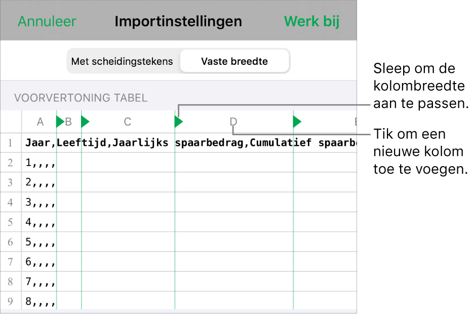 De importinstellingen voor een tekstbestand met vaste breedte.