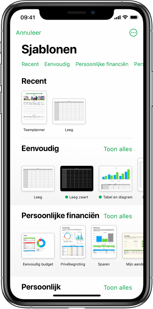 De sjabloonkiezer met bovenin een rij met categorieën waarmee je de beschikbare sjablonen kunt filteren. Daaronder staan miniaturen van vooraf gedefinieerde sjablonen die per categorie zijn gerangschikt. Bovenin staat de categorie 'Recent' en daaronder 'Eenvoudig' en 'Persoonlijke financiën'. Boven elke categorie staat de knop 'Toon alles' (aan de rechterkant). De knop voor de taal en de regio bevindt zich in de rechterbovenhoek.