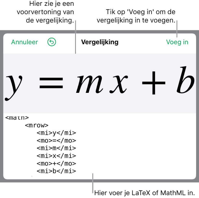 MathML-code voor de vergelijking voor de helling van een lijn, met daarboven een voorvertoning van de formule.