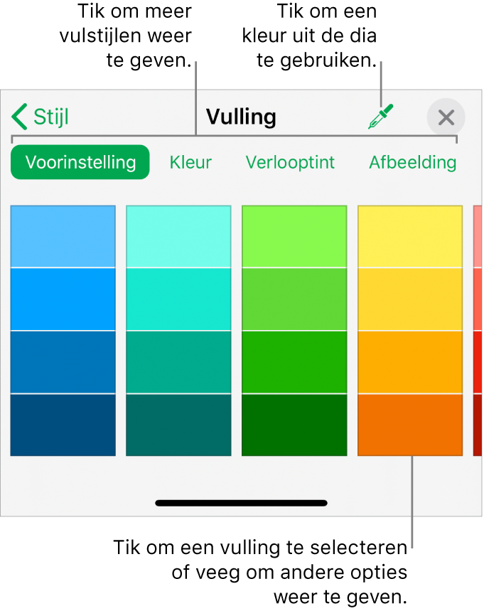 Vulopties in het tabblad 'Stijl' van de opmaakknop.