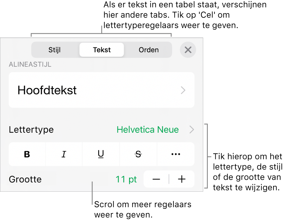 Tekstregelaars in het opmaakmenu voor het instellen van alinea- en tekenstijl, lettertype, lettergrootte en kleur.