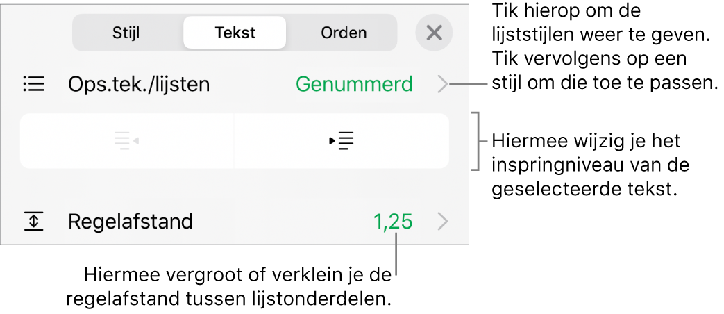 Het gedeelte 'Ops.tek./lijsten' van de opmaakregelaars met uitleg bij 'Ops.tek./lijsten', de inspringknoppen en de regelaars voor de regelafstand.