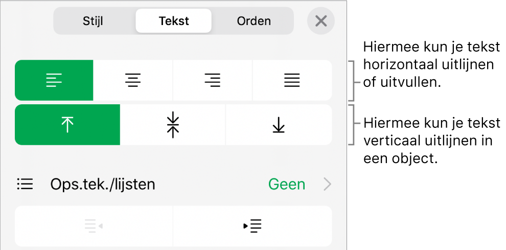 Het gedeelte 'Lay-out' van het infovenster 'Opmaak' met uitleg bij tekstuitlijn- en afstandsknoppen.