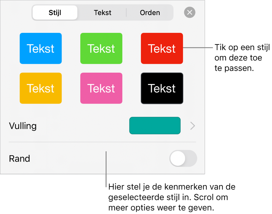 Het tabblad 'Stijl' in het opmaakmenu met bovenaan vormstijlen en eronder een kleurenvak voor de vulling.