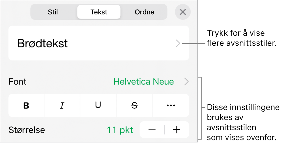 Format-menyen som viser tekstkontroller for å angi avsnitts- og tegnstiler, font, størrelse og farge.