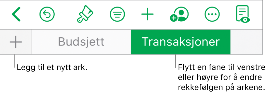 Fanelinjen for å legge til et nytt ark og navigere, sortere og omorganisere ark.