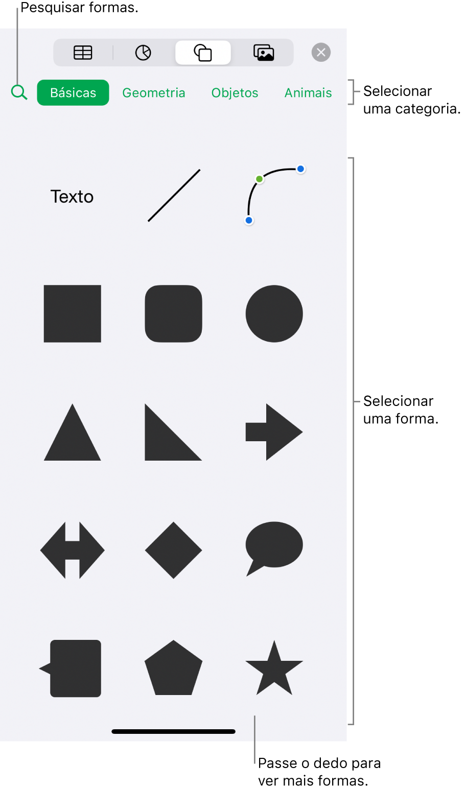 A biblioteca de formas, com as categorias exibidas na parte superior e as formas na parte inferior. É possível usar o campo de pesquisa na parte superior para encontrar formas e passar os dedos para ver mais.