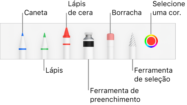 As barra de ferramentas de desenho com uma caneta, lápis, lápis de cera, ferramenta de preenchimento, borracha, ferramenta de seleção e o seletor de cores a apresentar a cor atual. Por baixo do seletor de cores encontra-se o botão de menu Mais.