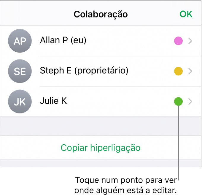 A lista de participantes com três participantes e um ponto colorido diferente à direita de cada nome.