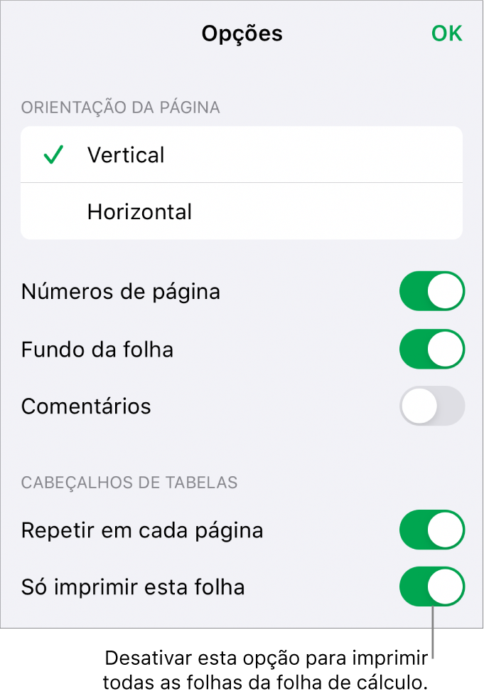 Opções de impressão para escolher orientação da página, mostrar os números de página e cabeçalhos, e escolher o tamanho do papel e as páginas a imprimir.