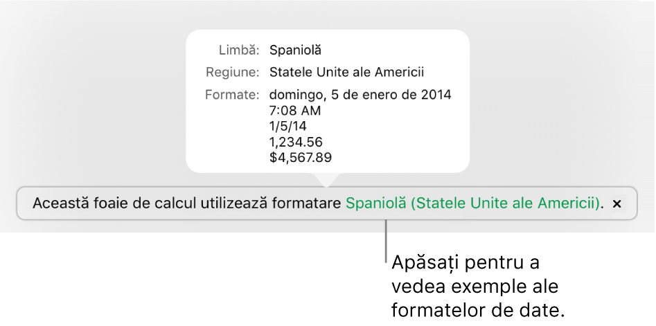 Notificarea privind configurarea limbii și regiunii diferite, afișând exemple de formatare în limba și regiunea respectivă.