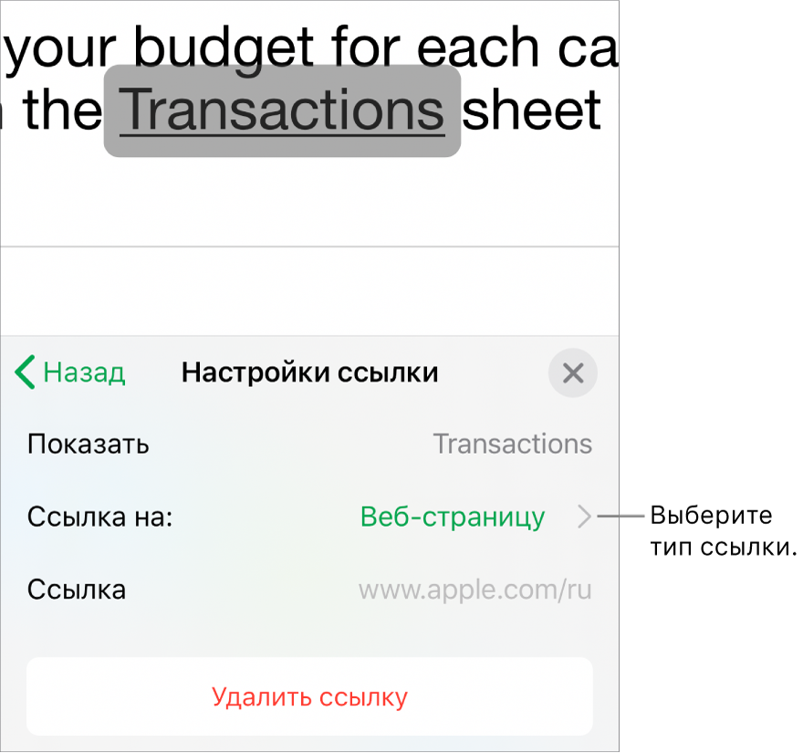 Элементы управления «Настройки ссылки» с полями «Показывать», «Ссылка на» (выбран вариант «Веб-страницу») и «Ссылка». Внизу находится кнопка «Удалить ссылку».