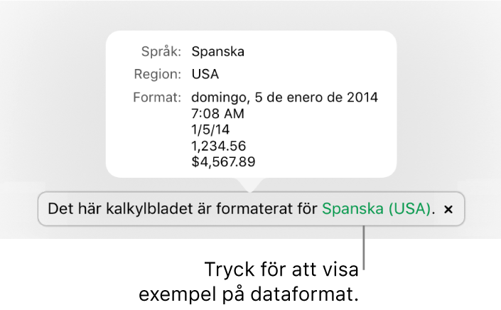 Meddelandet om olika språk- och regioninställningar samt exempel på formatering för det andra språket och den andra regionen.