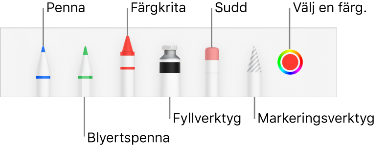 Ritverktygsfältet med en penna, blyertspenna, krita, fyllverktyg, sudd, markeringsverktyg och en färgkälla som visar den aktuella färgen. Nedanför färgkällan finns Mer-menyknappen.