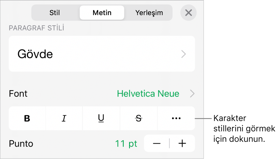 En üstteki paragraf stilleri ile Biçim denetimleri, ardından Font denetimleri. Font’un altında Kalın, İtalik, Altı Çizgili, Üstü Çizgili ve Daha Fazla Metin Seçeneği düğmeleri bulunur.