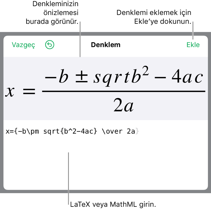 Denklem alanına LaTeX kullanılarak yazılmış ikinci dereceden formül ve altta formülün önizlemesi.