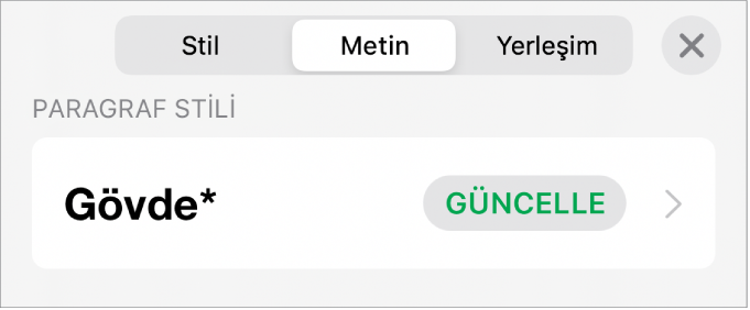 Yanında yıldız ve sağda Güncelle düğmesinin olduğu bir paragraf stili.