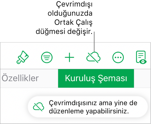 Ekranın en üstündeki düğmeler, üzerinde çapraz bir çizgi olan buluta dönüşmüş Ortak Çalış düğmesi ile birlikte. Ekrandaki bir uyarı “Çevrimdışısınız ama yine de düzenleyebilirsiniz” der.