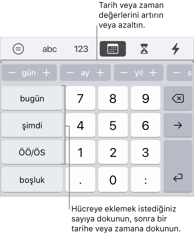 Tarih ve saat klavyesi. En üst kısma yakın yerdeki bir düğmeler sırası, hücrede gösterilen değeri değiştirmek için artırabileceğiniz zaman birimlerini (ay, gün ve yıl) gösterir. Solda bugünün tarihi, şu anki saat ve öğleden önce/sonra bilgisi (AM/PM) için tuşlar ve klavyenin ortasında da numara tuşları bulunur.