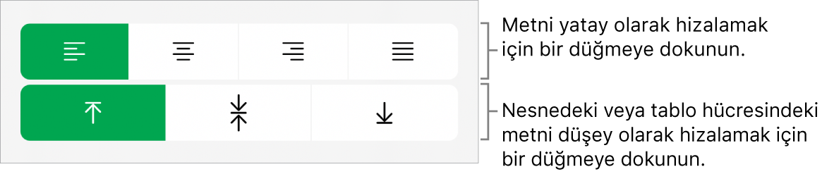 Metin için yatay ve düşey hizalama düğmeleri.