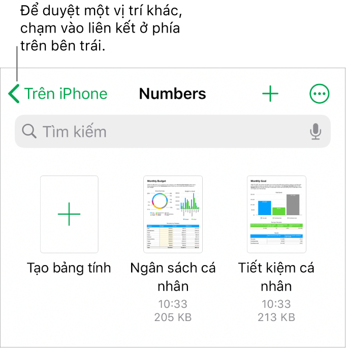 Chế độ xem duyệt của trình quản lý bảng tính với một liên kết vị trí ở góc trên cùng bên trái và bên dưới là trường Tìm kiếm. Ở góc trên cùng bên phải là nút Thêm bảng tính và nút Thêm. Ở cuối màn hình là nút Gần đây và nút Duyệt.