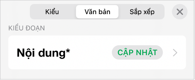 Một kiểu đoạn có dấu hoa thị ở bên cạnh và nút Cập nhật ở bên phải.