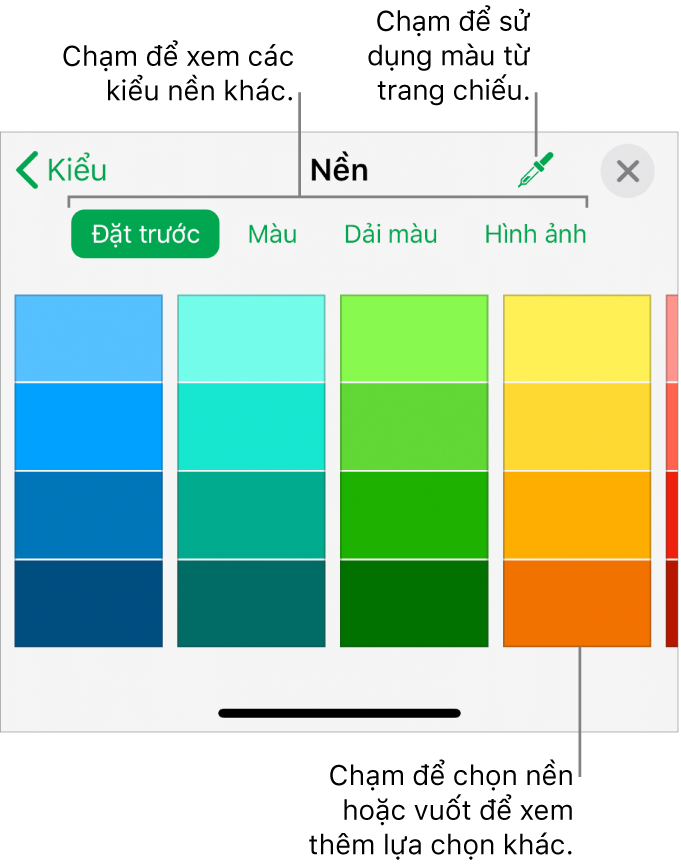 Các tùy chọn Nền trong tab Kiểu của nút Định dạng.