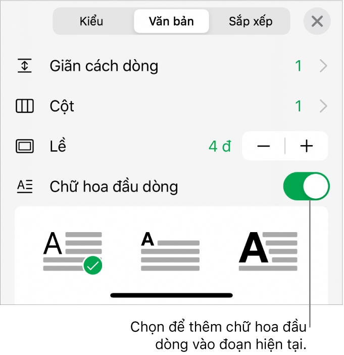 Các điều khiển Chữ hoa đầu dòng nằm ở cuối menu Văn bản.