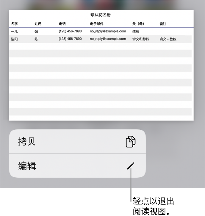 一个表格被选中，其下方是带有“拷贝”和“编辑”按钮的菜单。
