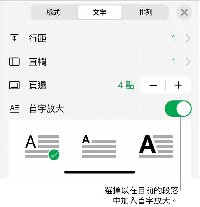 「首字放大」控制項目位於「文字」選單底部。