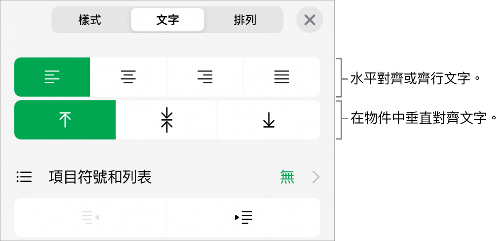 「格式」檢閱器的「佈局」部分，說明文字指向文字對齊方式和間距按鈕。