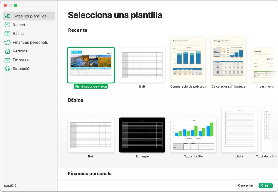 El selector de plantilles. Barra lateral a l’esquerra que mostra la llista de categories de plantilles que pots clicar per filtrar opcions. A la dreta hi ha miniatures de plantilles predissenyades ordenades en files per categoria: la primera, a la part superior, és Recents, seguida per Bàsiques i Finances personals. Es mostren els menús desplegables Idioma i Regió a l’angle inferior esquerre i els botons Cancel·lar i Crear a l’angle inferior dret.