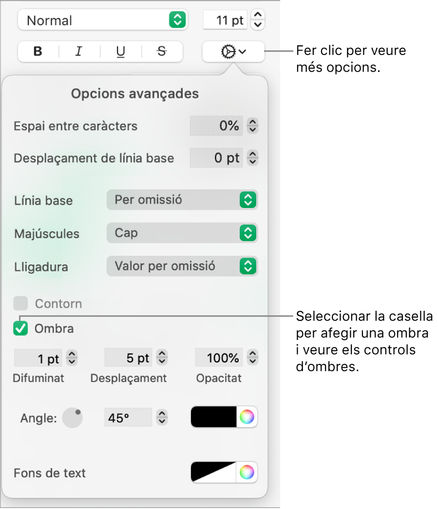 Menú d’opcions avançades obert amb la casella Ombres seleccionada i els controls per definir el difuminat, el desplaçament, l’opacitat, l’angle i el color.