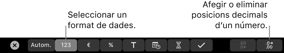 La Touch Bar del MacBook Pro amb controls per seleccionar un format de dades i afegir o eliminar posicions decimals a un número.