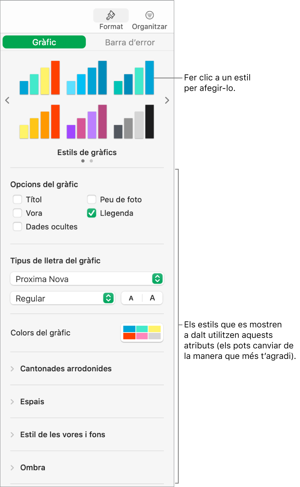 La barra lateral Format, que mostra els controls de formatar gràfics.