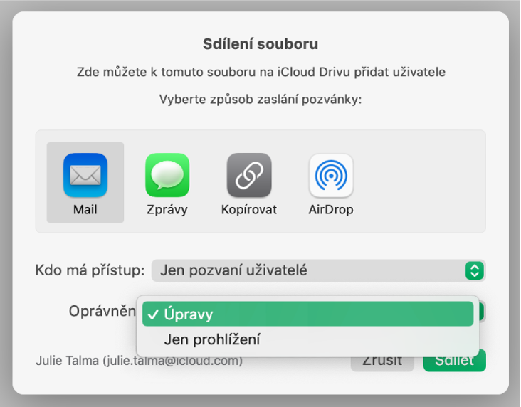 Oddíl Volby sdílení dialogu pro spolupráci s otevřenou místní nabídkou Oprávnění a vybranou volbou „Úpravy“.