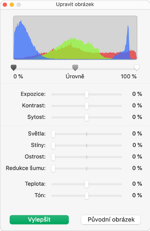 Okno Upravit obrázek s jezdci umožňujícími nastavit expozici, kontrast, sytost, světlá místa, stíny, ostrost, úroveň šumu, teplotu nebo tónování