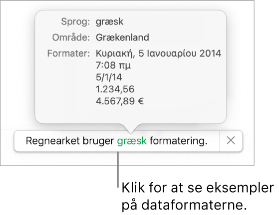 Meddelelsen om de forskellige indstillinger af sprog og område, der viser eksempler på den formatering, som hører til sproget og området.