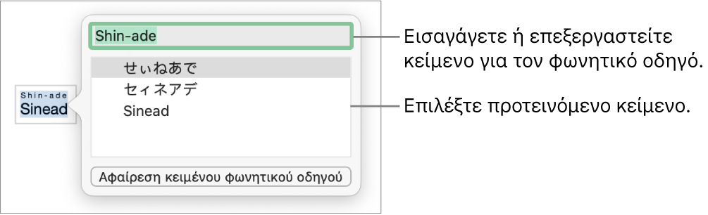 Ο ανοιχτός φωνητικός οδηγός για μια λέξη με επεξηγήσεις στο πεδίο κειμένου και προτεινόμενο κείμενο.