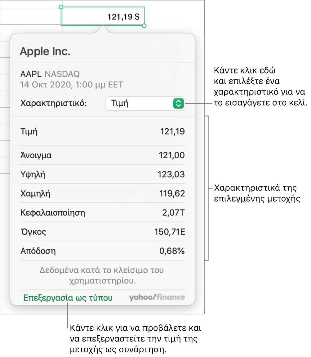 Το πλαίσιο διαλόγου για την εισαγωγή πληροφοριών χαρακτηριστικών μετοχών, με επιλεγμένη τη μετοχή της Apple.