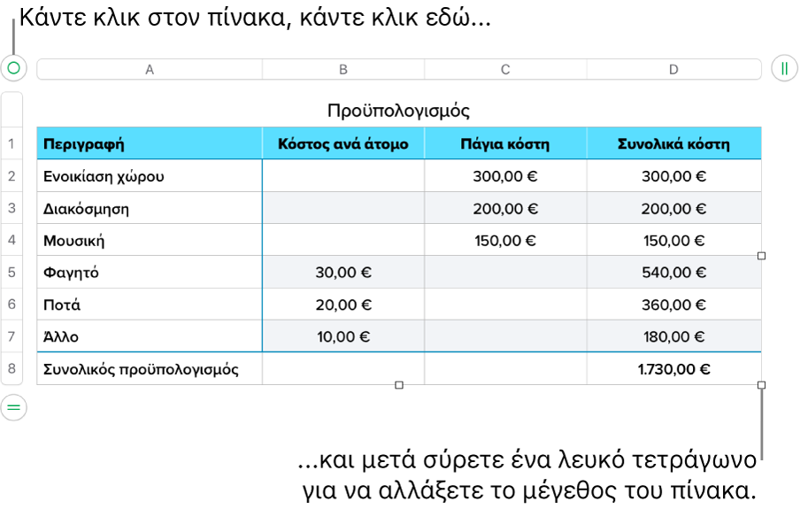 Επιλεγμένος πίνακας με λευκά τετράγωνα για αλλαγή μεγέθους.