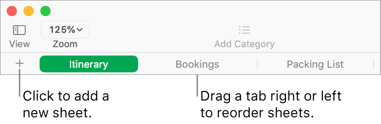 The tab bar for adding a new sheet and reorganising sheets.