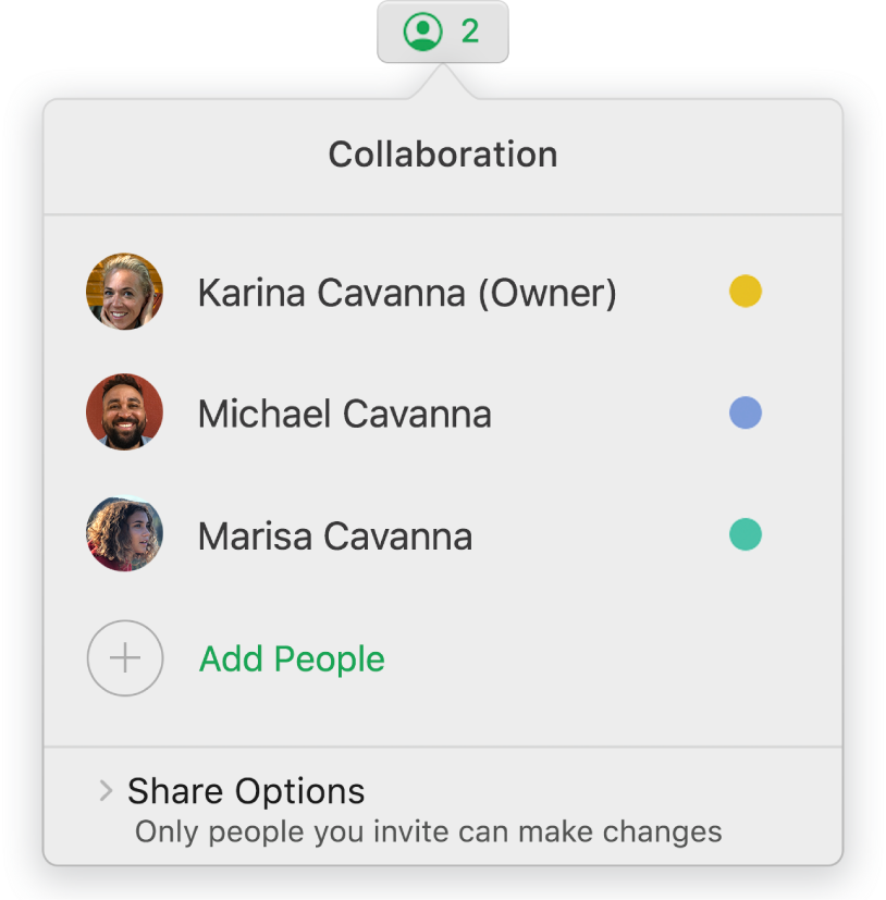 The Collaboration menu showing the names of people collaborating on the spreadsheet. Share options are below the names.