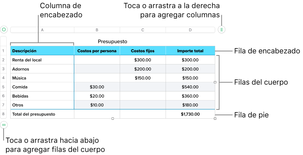 Tabla con filas y columnas de encabezado, cuerpo y pie de página, así como manijas para agregar o eliminar filas o columnas.